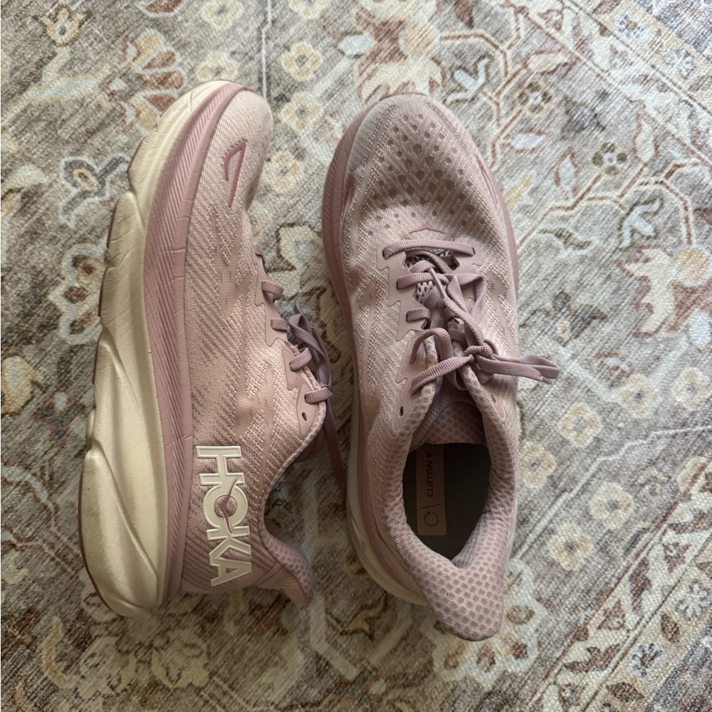 Hoka Pink and Cream Athletic Shoes with Chunky Sole